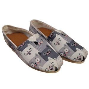 Grey Cat Print Canvas Slip On Flats Alpargata Shoes Womens 4.5